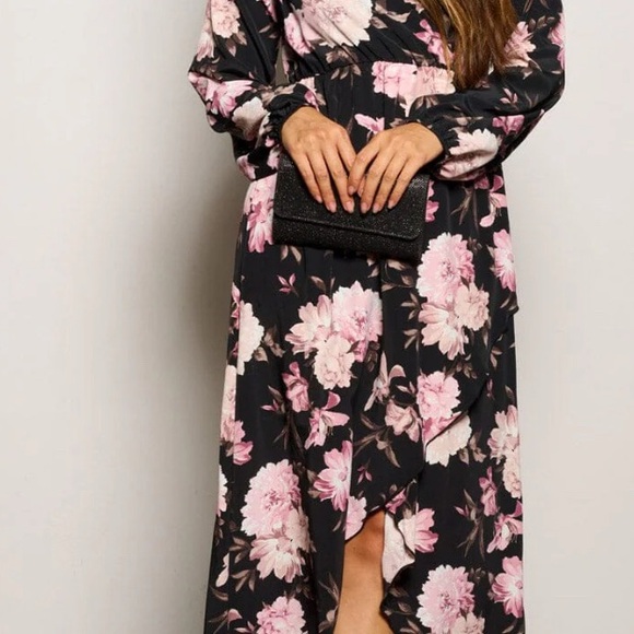 NWT Women's Long Sleeve Floral High Low V-Neck Flowy Party Long Maxi Dress - Picture 6 of 12